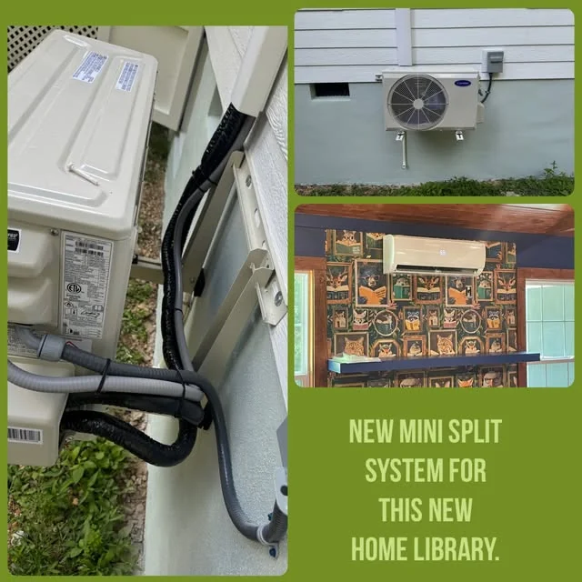 Collage of indoor ductless equipment, an outdoor unit and a home library. Baked-in social text.