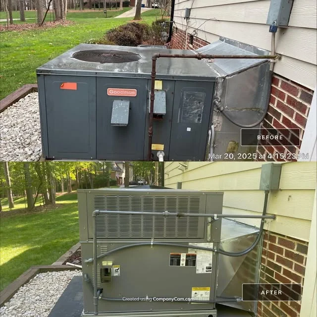 Before/after-style collage of packaged equipment beside a house.