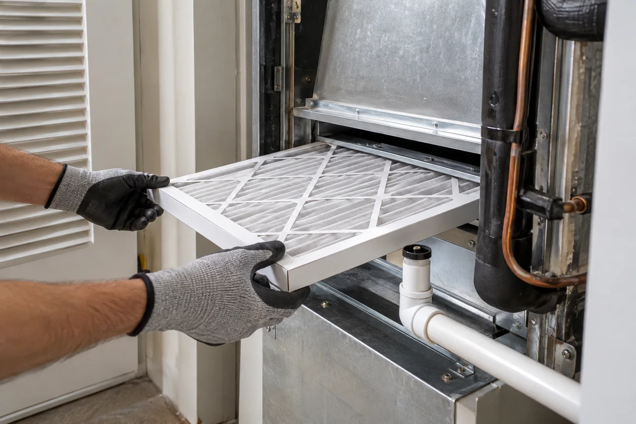 Gloved hands fitting a pleated air filter into a residential air-handler cabinet.