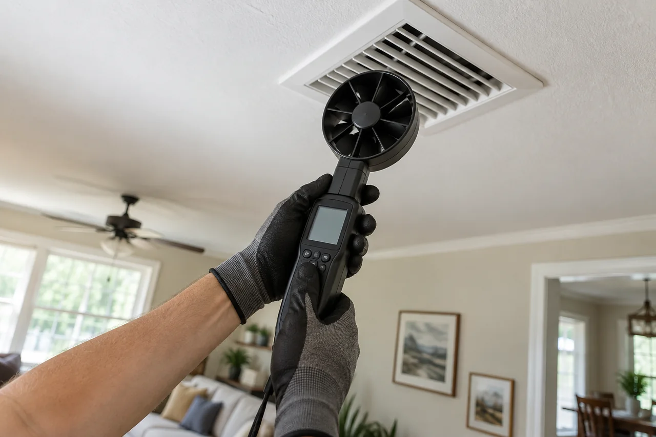 Gloved hands measuring airflow at a ceiling supply vent in a home.