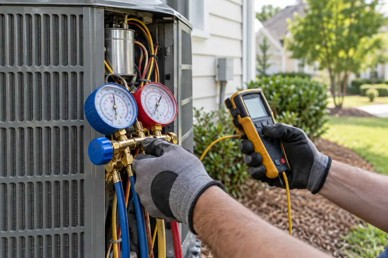 Gloved hands using gauges and a digital meter to diagnose outdoor heat-pump equipment.