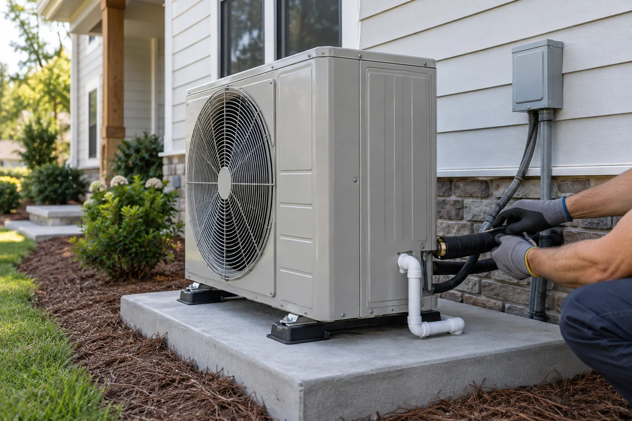 A newly installed outdoor heat pump with tidy connections beside a home.