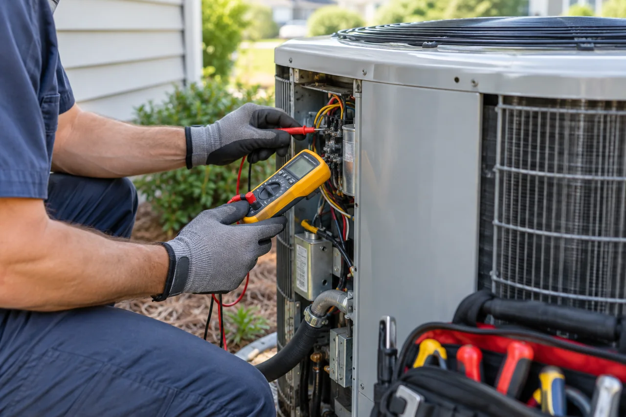 Gloved hands checking an outdoor HVAC unit with a digital meter.
