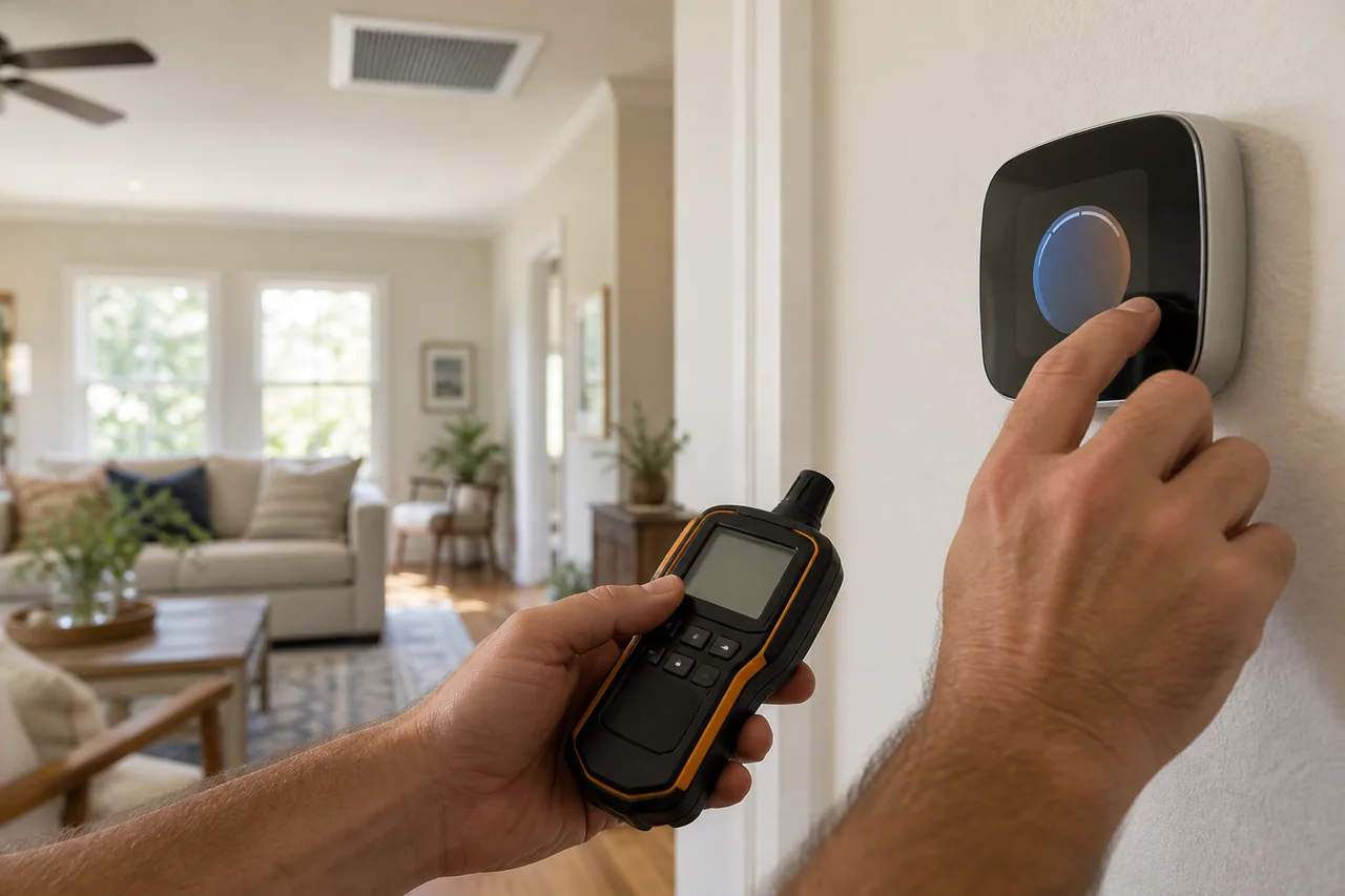 A thermostat being checked with a handheld HVAC testing instrument in a bright home.